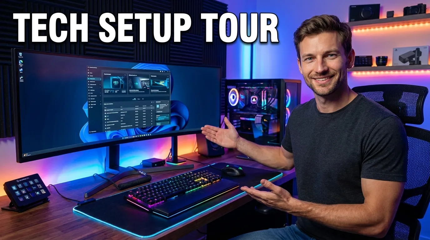 Exemplo de thumbnail de tecnologia no estilo Tour pelo setup